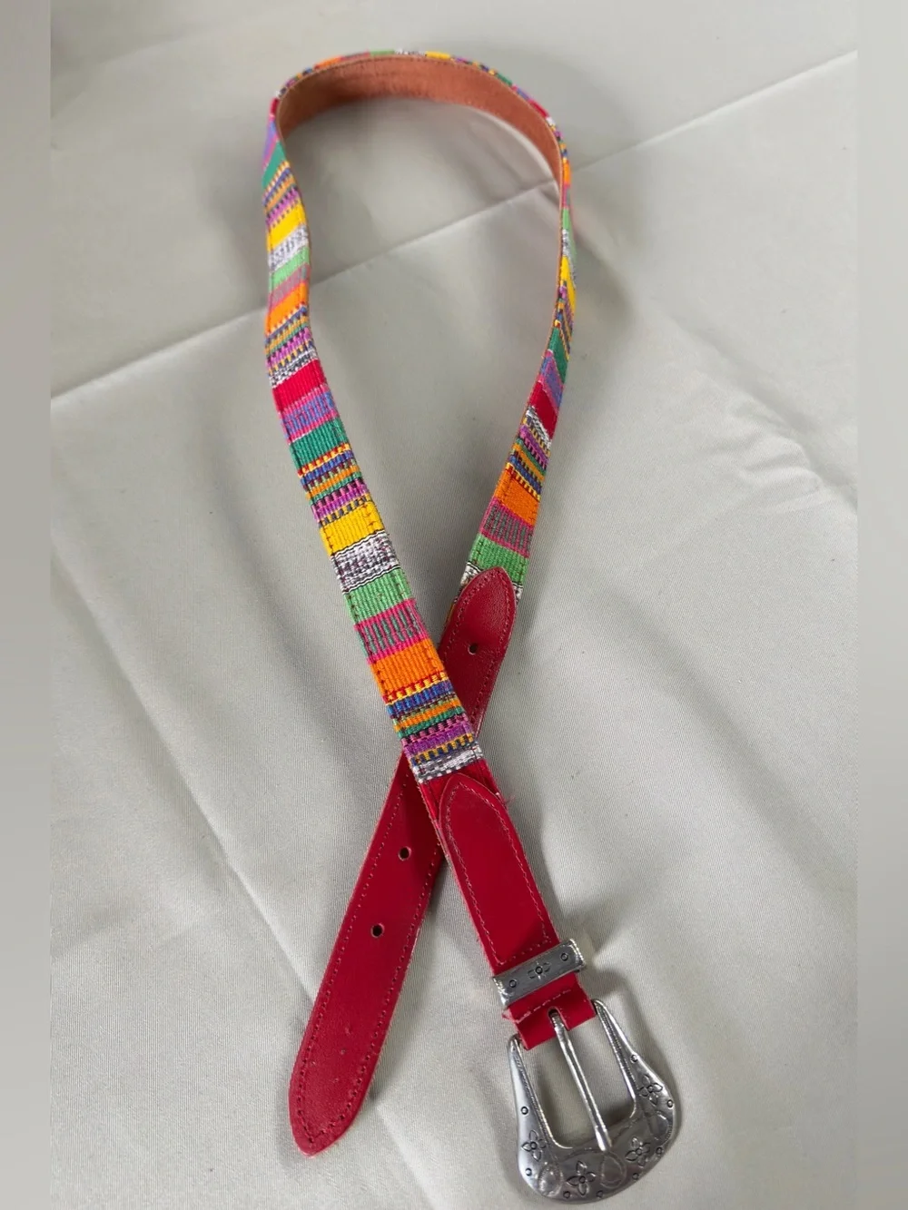 Woven Textile Leather Belt Colorful Southwestern Silver Floral Buckle